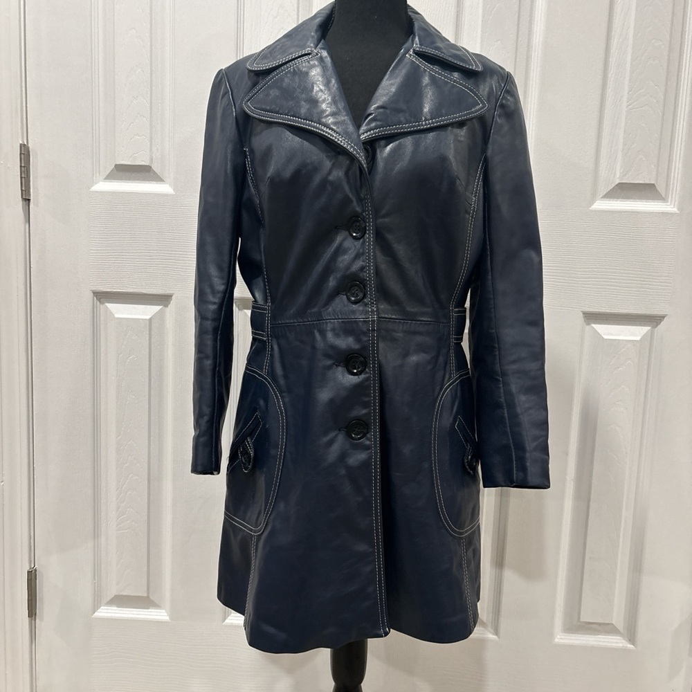 LEATHERCRAFT process of America Women's Vintage Blue Leather Trench Coat size 4